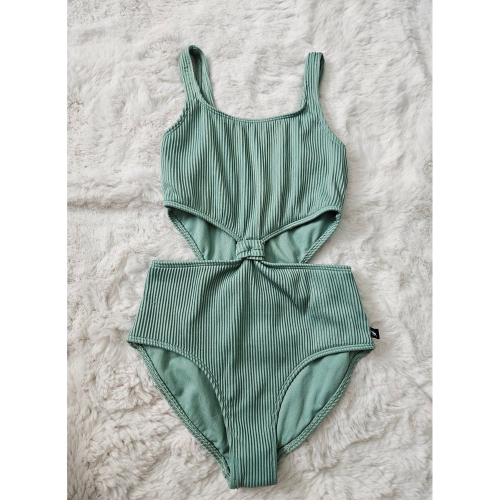 Abercrombie Kids Girls One Piece Swimsuit Size 9/10 Sage Green Ribbed Cutout